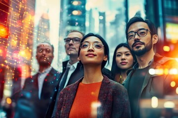 diverse group of professionals stands together in urban setting, gazing upward with expressions of hope and ambition. city skyline and digital elements create vibrant atmosphere