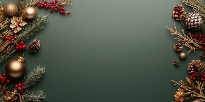 A composition of Christmas decorations including red berries, golden ornaments, pinecones, and evergreen branches on a rich green background, illustrating festive joy.