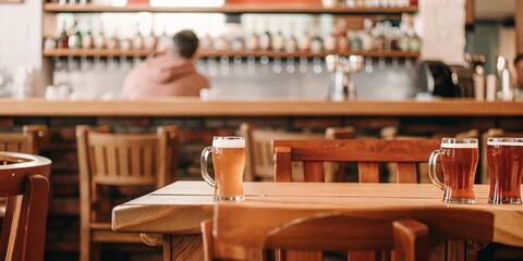 Glass of chilled beer on table and blurred bar background.