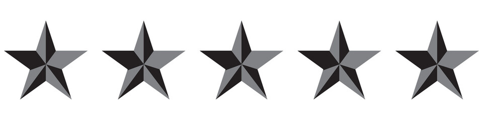 Quality rating symbols. Set of five-pointed yellow stars with shadow isolated on transparent background. Product quality assessment icons. Vector illustration.