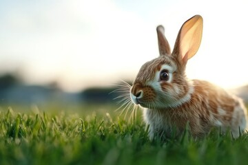 Fototapeta premium A single rabbit with upright ears sits alert in a grassy field, highlighted by the gentle glow of the sun, capturing tranquility and nature's essence.