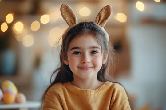 A young girl wearing glittery bunny ears smiles joyfully, surrounded by Easter eggs and bokeh lights, embodying the playful spirit of Easter celebrations.