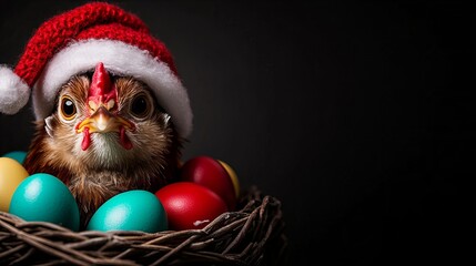 A whimsical chicken in a Santa hat nestled among colorful Easter eggs in a rustic basket.