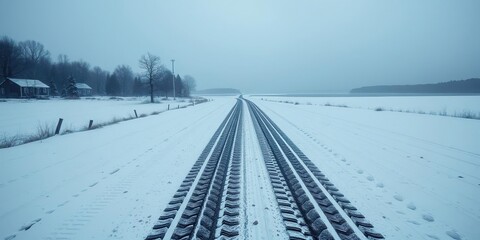 Tire tracks in the snow are visible along a deserted country road that leads to a frozen lake, abandoned track, frozen lake, tire tracks