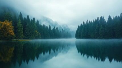 Fototapeta premium Misty Lake Surrounded by Evergreen Trees