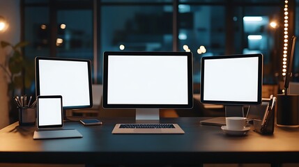 Naklejka premium Modern Workplace Setup With Blank Screens And Devices