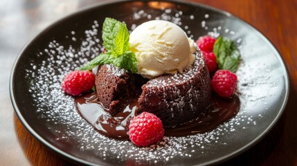 Photo of, A decadent plate of molten chocolate lava cake with a scoop of vanilla ice cream and fresh raspberries, Lava cake plate centered
