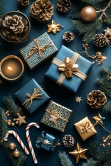 Fototapeta premium An arrangement of beautifully wrapped gifts in blue and gold, surrounded by festive decorations, including pine cones and candy canes, capturing the holiday spirit.