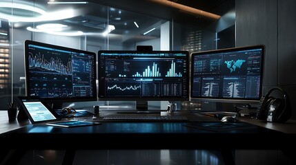 Naklejka premium Modern Workstation Displays Financial Market Data Analytics