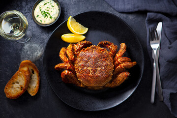 Crab with lemon and sauce on a black plate. Black background. Close up. Top view.