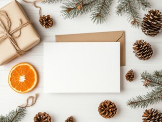 A bright white background displays a blank card, wrapped gift, pine cones, fir branches, and an orange slice, combining freshness and holiday aesthetics.