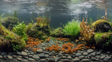 Naklejka premium Submerged Riverbed Ecosystem: A Panoramic Underwater View