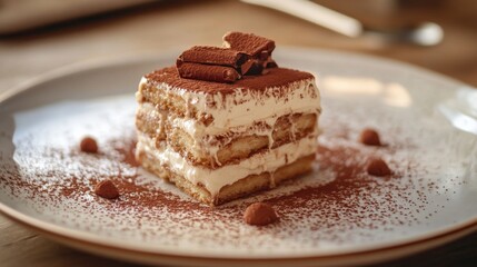Photo of, A decadent plate of tiramisu with layers of coffee-soaked ladyfingers and mascarpone cheese, Tiramisu plate centered