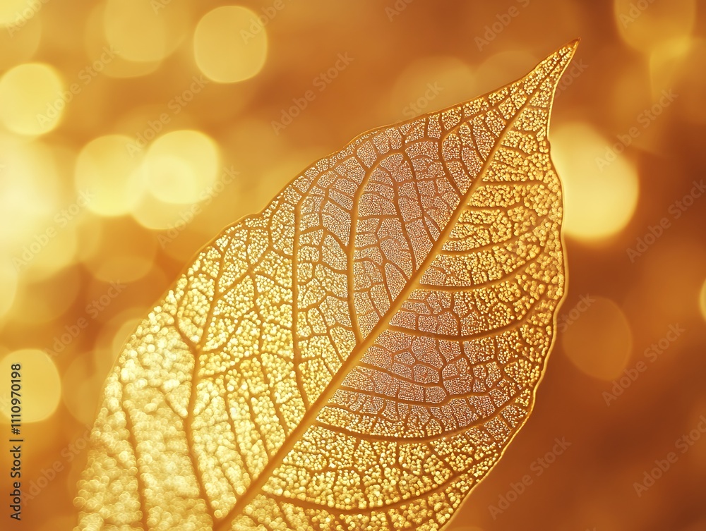 Poster delicate golden leaf with intricate veins against a sparkling bokeh background, capturing the essenc