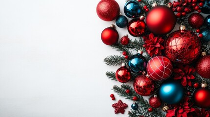 Bright red and blue Christmas balls paired with vibrant poinsettias and pine branches against a white backdrop, creating a festive, colorful display.