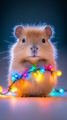 A fluffy, light golden hamster holding colorful string lights, evoking a festive, playful mood.