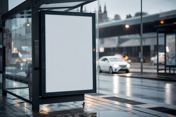 Blank advertisement mock up board on a rainy day at the bus stop.