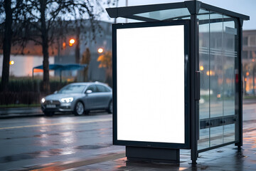 Blank advertisement mock up board on a rainy day at the bus stop.