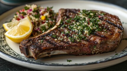 A grilled steak served with lemon and a colorful salad on a decorative plate.