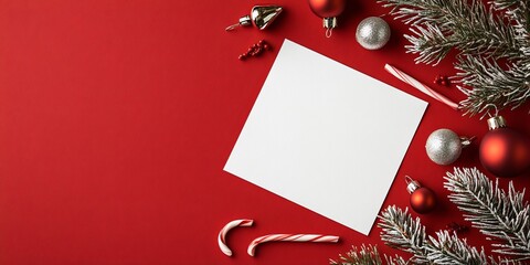 A blank white paper surrounded by red Christmas ornaments, candy canes, and frosted pine branches...