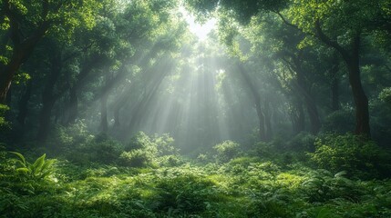 Obraz premium Sunlight Piercing a Misty Forest: A Serene Woodland Scene