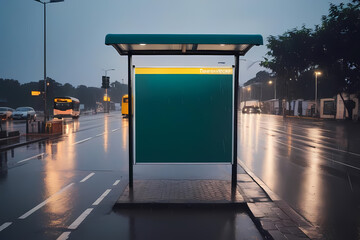 Blank advertisement mock up board on a rainy day at the bus stop.
