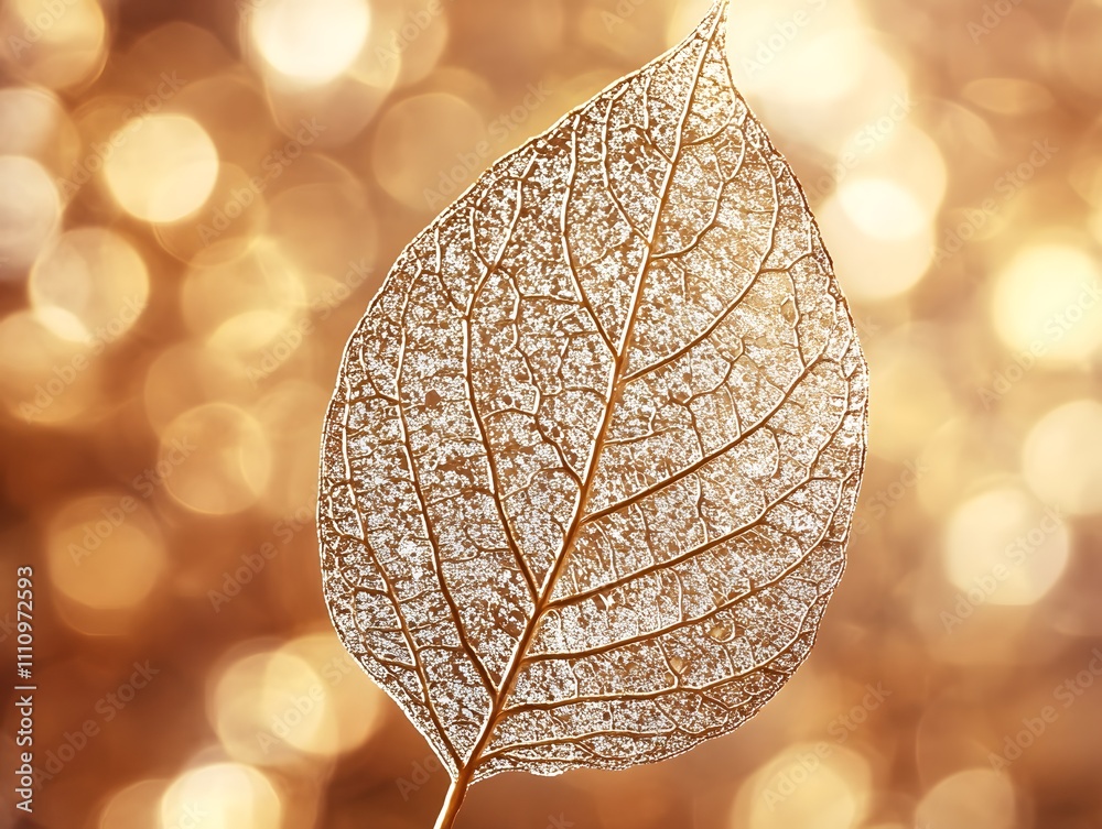 Poster delicate skeleton leaf with intricate veins set against a warm golden bokeh background, capturing na