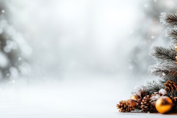 Snow-dusted pinecones rest on a snow-covered surface, evoking a serene and captivating winter wonderland ambiance perfect for seasonal holiday decorations.