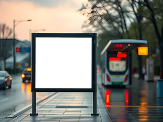 Blank advertisement mock up board on a rainy day at the bus stop.
