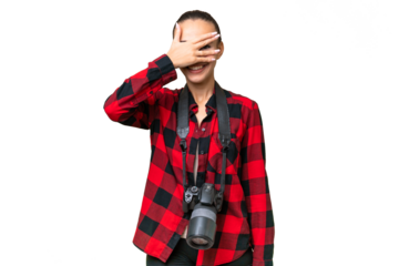 Young photographer Arab woman over isolated background covering eyes by hands and smiling