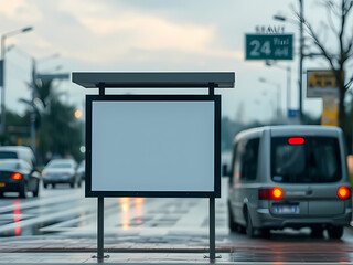 Blank advertisement mock up board on a rainy day at the bus stop.