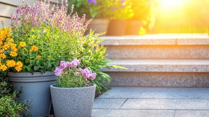 Sunlit Garden Serenity: Blooming Flowers in Planters on Stone Steps