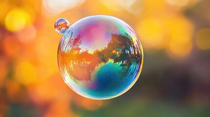 Closeup of a iridescent soap bubble on a colorful background