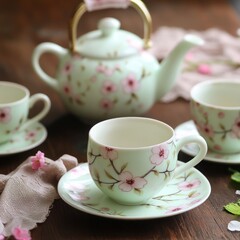 Fototapeta premium Pastel green tea set with floral design. (1)