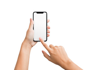 Mockup on blank touchscreen of smartphone in female hands, isolated on white background, copy space