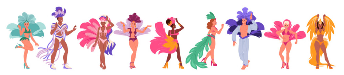 Dancers of Brazilian carnival in Rio de Janeiro. Female and male characters in exotic costumes with feathers dancing latin dances at samba and cabaret, fashion party cartoon