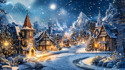 Naklejka premium A magical snowy village illuminated by holiday lights under a starry winter sky decorated for Christmas