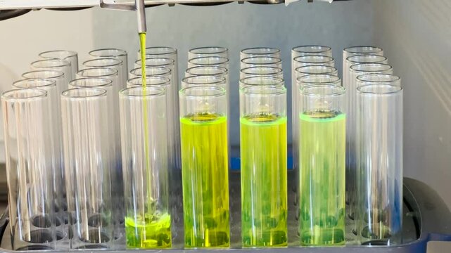 Green fluorescent chemical compound is separated in liquid chromatography. Test tube fraction collection technique of column chromatography. Education and industrial concept.
