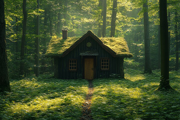 Moss Covered Cottage Nestled Deep Within A Lush Green Forest
