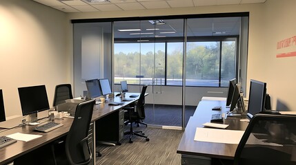 Fototapeta premium Modern Office Workspace With Glass Partition And Natural Light