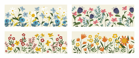 Cute spring and summer garden flowers with leaves, plants in frame border set. Floral pattern collection, red, yellow and blue daisy blossoms in modern naive style cartoon vector illustration