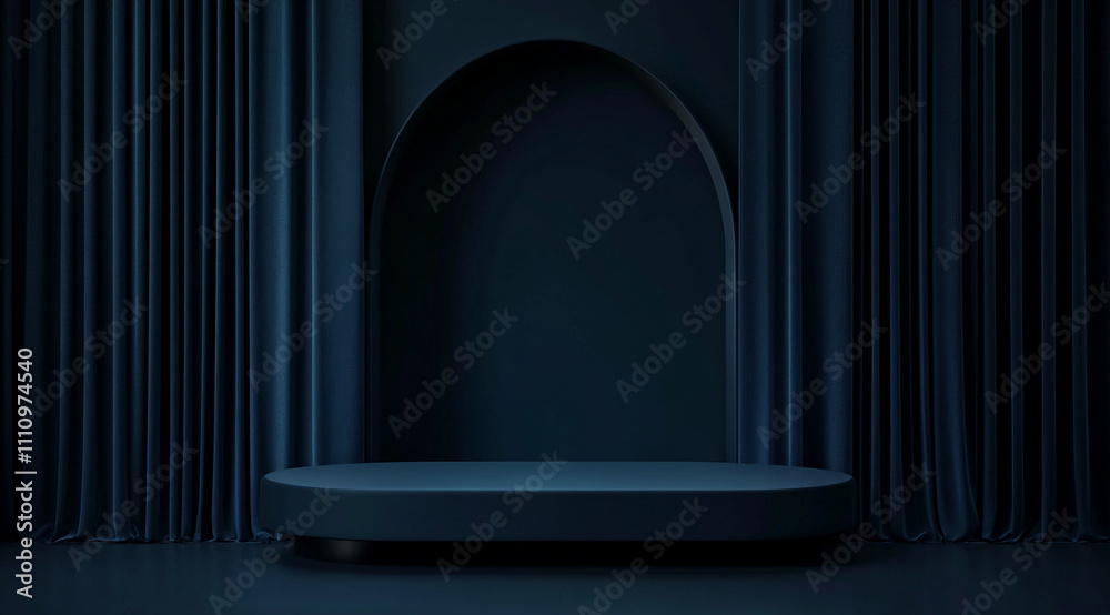 Aufkleber Dark stage setup with curved arch and curtains for performance or presentation in a minimalist style