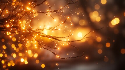 Obraz premium Twinkling String Lights on a Branch with a Bokeh Background