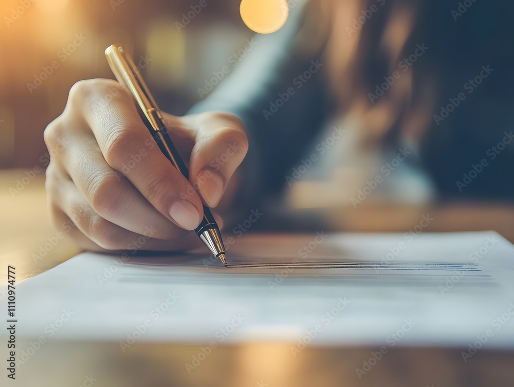 Poster close-up view of a person's hand holding a pen over a blank document in a warm, softly lit environme