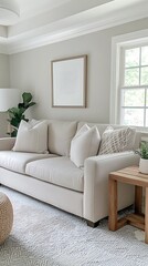 Living room with a gray fabric sofa, wooden side table, and a white ceiling lamp