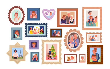 Fototapeta premium Family photo frames. Photograph cute pictures of generation history on home wall, portraits of kids and parents, grandparents and dog, fun scenes of holidays and travel cartoon