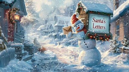 A snowman standing next to a decorated mailbox, holding an envelope labeled Santa's Letters in a snowy neighborhood