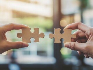 Hands Holding Puzzle Pieces Together Symbolizing Teamwork, Collaboration, Problem Solving, Connection, Success, and Innovation in a Modern Business Environment