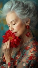 Naklejka premium Elegant woman embraces vibrant flower while wearing floral attire in a colorful artistic backdrop