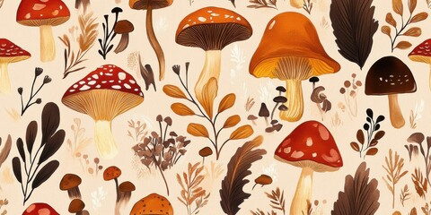 Colorful mushroom patterns showcasing diverse species in a natural setting with autumn leaves on a light background